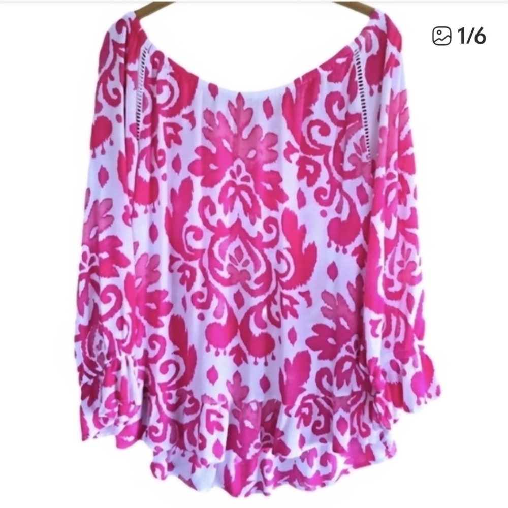 Breezy INC Blouson-Sleeve Garden Party Ladder Stitch Peasant Top Clear‎ Pink - Picture 7 of 7